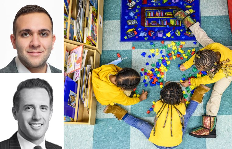 MOD Commercial Realty's Eddie Mamiye (top), Newmark's Neal Ohm (bottom), and children playing at a preschool.