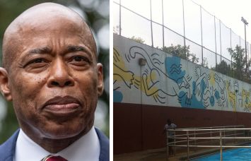 Mayor Eric Adams and the Keith Haring Carmine Pool Mural.