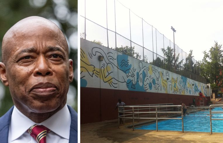 Mayor Eric Adams and the Keith Haring Carmine Pool Mural.