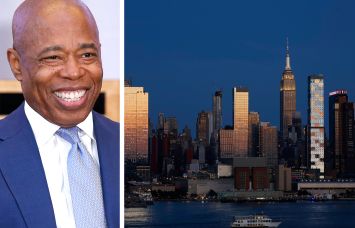 Mayor Eric Adams and the skyline around Midtown South.