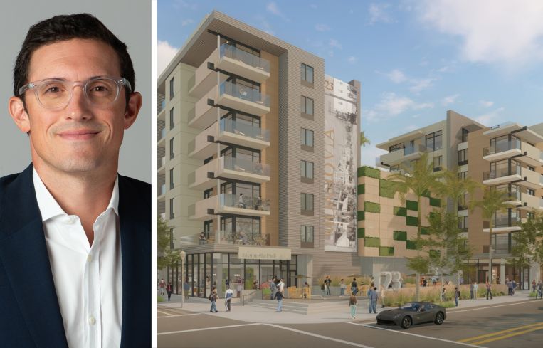 Affinius Capital's Eric Cohen and a rendering of The Monroe planned for 127 West Pomona Avenue in Monrovia, Calif