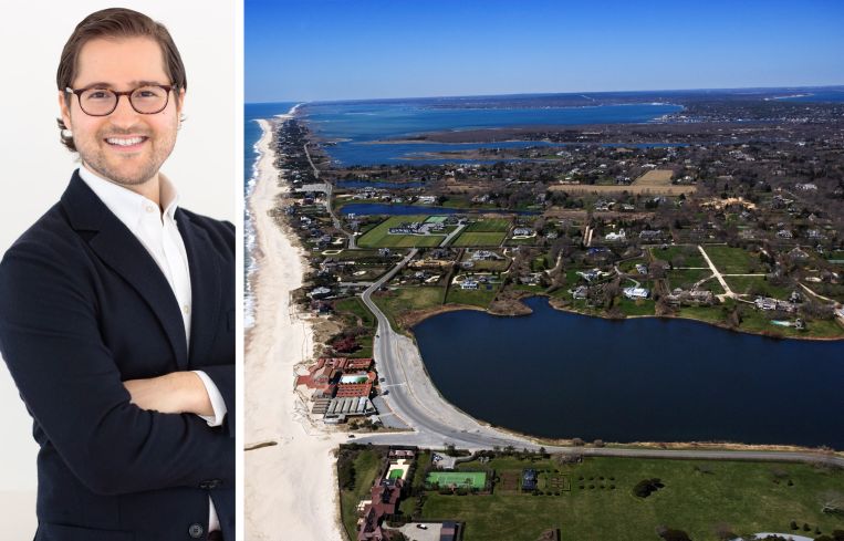 Eric Goodman of Goodman Capital and an aerial view of Southampton, New York.