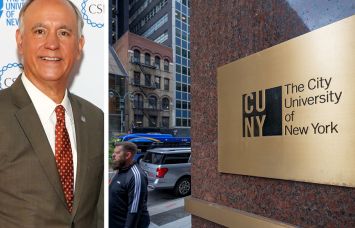 City University of New York Chancellor Félix V. Matos Rodríguez and a sign at one of CUNY's locations.