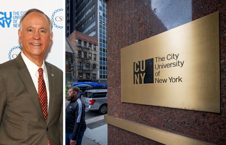 City University of New York Chancellor Félix V. Matos Rodríguez and a sign at one of CUNY's locations.