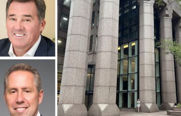 JLL's Frank Doyle (top), Newmark's David Falk (bottom), and 31 West 52nd Street.
