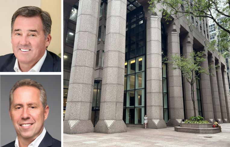 JLL's Frank Doyle (top), Newmark's David Falk (bottom), and 31 West 52nd Street.