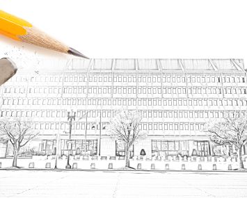A pencil and eraser on a sketch of the Health and Human Services Building in Washington, D.C.