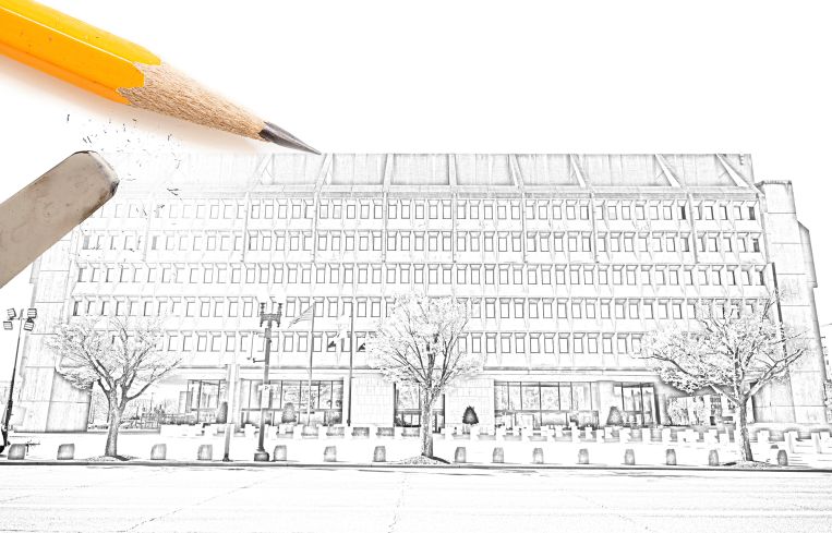 A pencil and eraser on a sketch of the Health and Human Services Building in Washington, D.C.