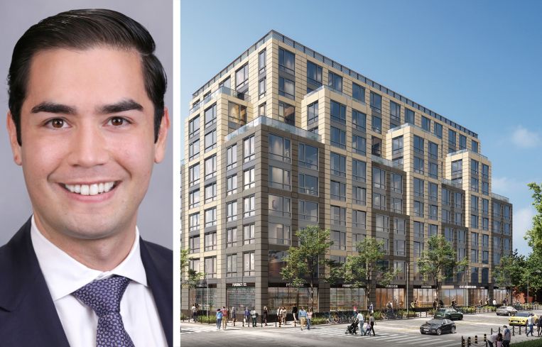 Rosenwach Group's Henry Rosenwach and a rendering of a proposed conversion of LaGuardia Shopping Center to a mixed-use property.