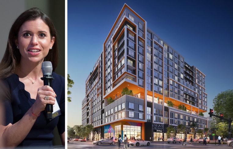 Clearline Real Estate's Jenny Bernell and a rendering of 2000 North Miami Avenue, Miami.