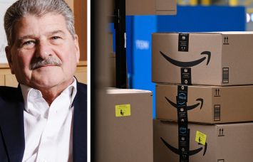 WeWork CEO John Santora and Amazon packages at a distribution center.
