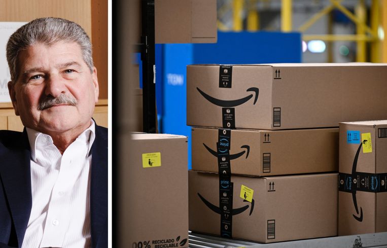 WeWork CEO John Santora and Amazon packages at a distribution center.