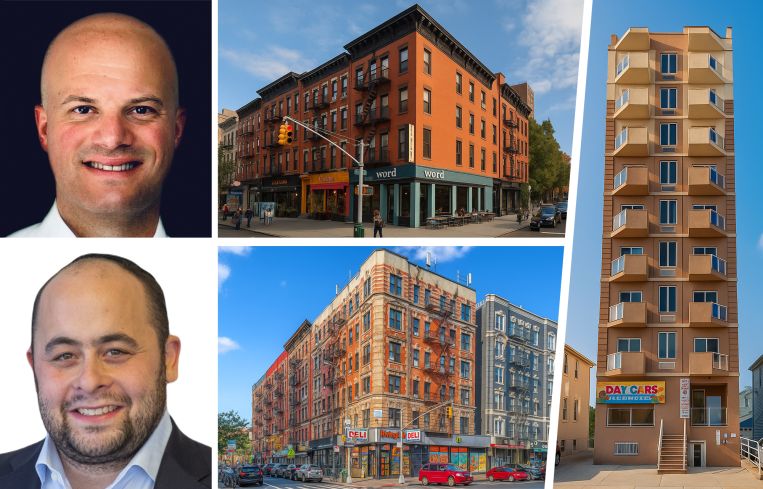 Citigroup's Joseph Dyckman (top left), Filler Capital's Isaac Filler (bottom left), and renderings of 76 East 1st Street (top center), 210 Rivington Street (bottom center), and 2848 Brighton 7th Street, Brooklyn (right).