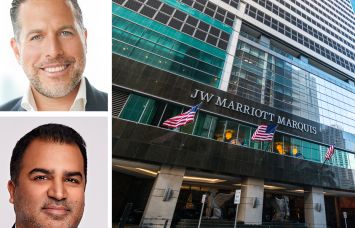 Madison Realty Capital's Josh Zegen (top), Madison Newbond's Neil Luthra (bottom), and the JW Marriott Marquis Miami hotel.