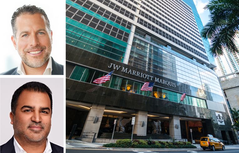 Madison Realty Capital's Josh Zegen (top), Madison Newbond's Neil Luthra (bottom), and the JW Marriott Marquis Miami hotel.