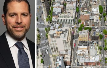 Madison Realty Capital's Josh Zegen and an aerial view of Thompson Street in Manhattan.