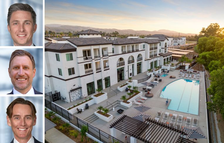 Institutional Property Advisors's Kevin Green (top), Joe Grabiec (center), and Greg Harris (bottom), and The Venue at Orange in Redlands, Calif.