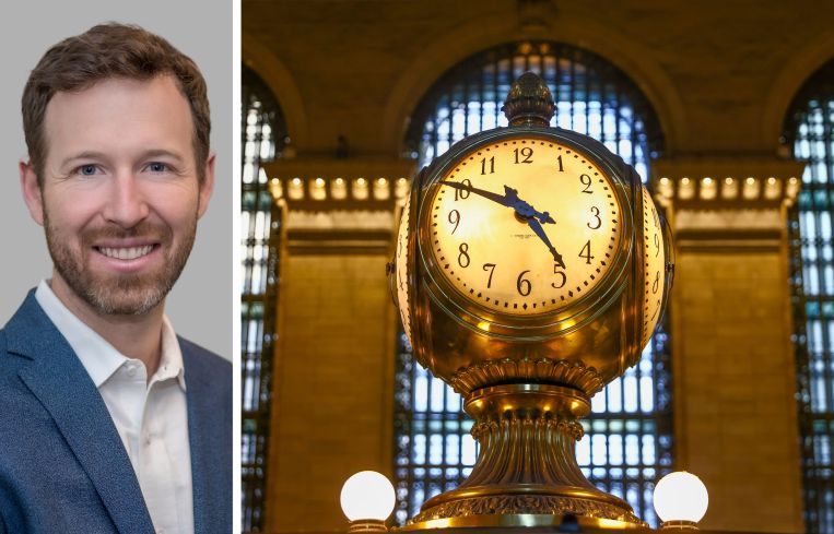 JLL's Kevin Kelly and a clock in Grand Central Station.