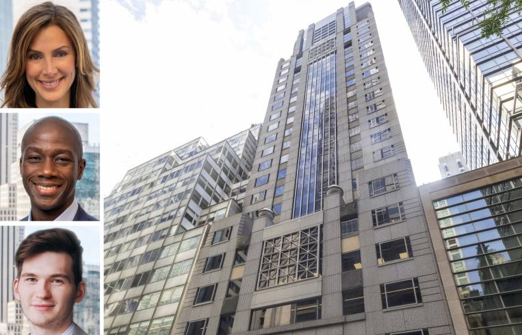 Open Impact Real Estate's Lindsay Ornstein (top), Casey Noel (center), and Sasha Perlov (bottom), and 70 East 55th Street.