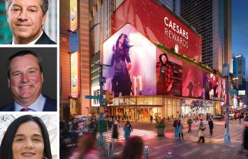 SL Green CEO Marc Holliday (top), Caesars Entertainment CEO Thomas Reeg (center), Roc Nation CEO Desiree Perez (bottom), and a rendering of the venture's proposed casino in Times Square.