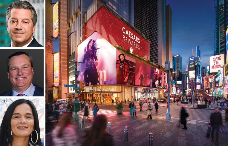 SL Green CEO Marc Holliday (top), Caesars Entertainment CEO Thomas Reeg (center), Roc Nation CEO Desiree Perez (bottom), and a rendering of the venture's proposed casino in Times Square.