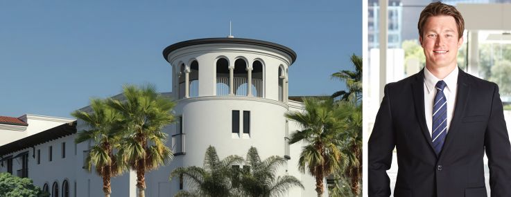 A rendering of a planned Marriott Tribute Santa Barbara hotel in Santa Barbara, Calif., and Brad Ferguson of Hall Structured Finance.