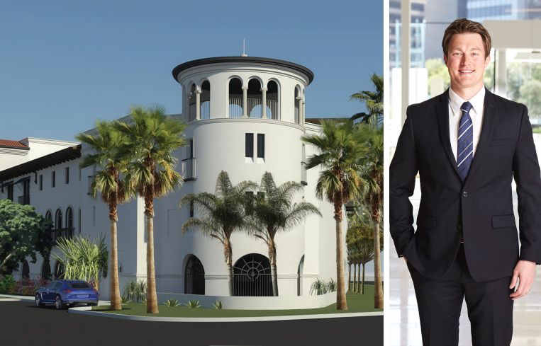 A rendering of a planned Marriott Tribute Santa Barbara hotel in Santa Barbara, Calif., and Brad Ferguson of Hall Structured Finance.