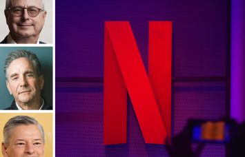 Hackman Capital Partners's Michael Hackman (top), Affinius Capital's Craig Solomon (center), Netflix's Ted Sarandos (bottom), and Netflix's logo at an event.