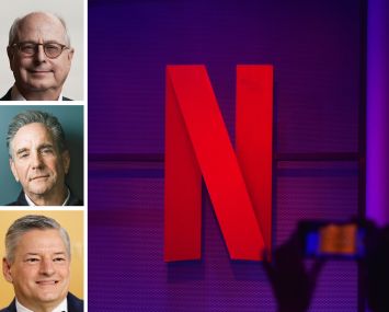 Hackman Capital Partners's Michael Hackman (top), Affinius Capital's Craig Solomon (center), Netflix's Ted Sarandos (bottom), and Netflix's logo at an event.