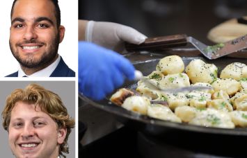 Meridian Retail Leasing's Noam Aziz (top), Lee & Associates's Jordan Cohen (bottom), and pan-fried dumplings.