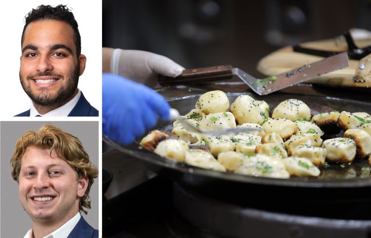 Meridian Retail Leasing's Noam Aziz (top), Lee & Associates's Jordan Cohen (bottom), and pan-fried dumplings.