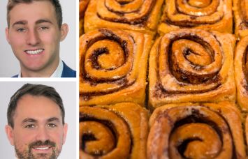 KSR's Nolan Weinberg (top) and Albert Halawani (bottom), and a tray of cinnamon rolls.
