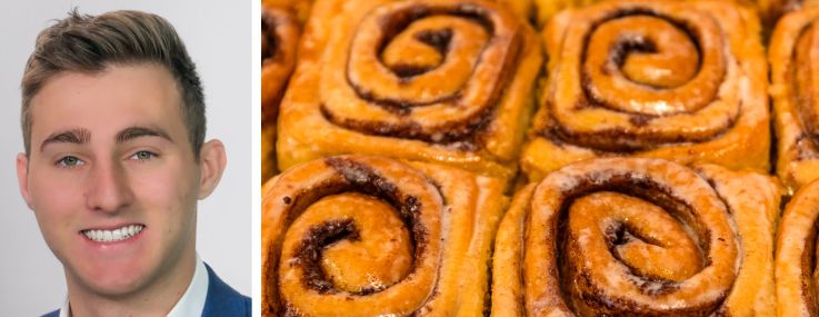 KSR's Nolan Weinberg (top) and Albert Halawani (bottom), and a tray of cinnamon rolls.