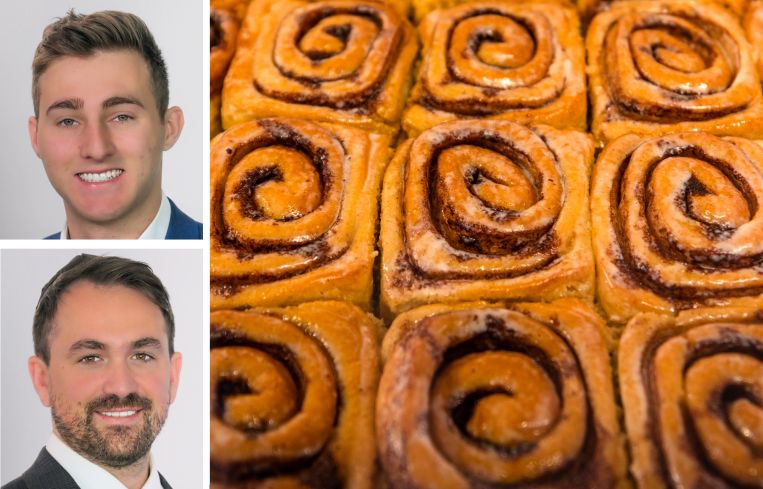 KSR's Nolan Weinberg (top) and Albert Halawani (bottom), and a tray of cinnamon rolls.