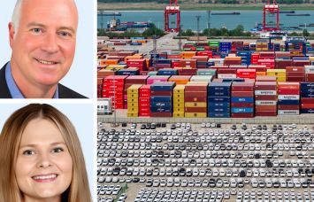 SitusAMC's Peter Muoio (top) and Jen Rasmussen (bottom), and cars waiting for export in Nanjing, China.