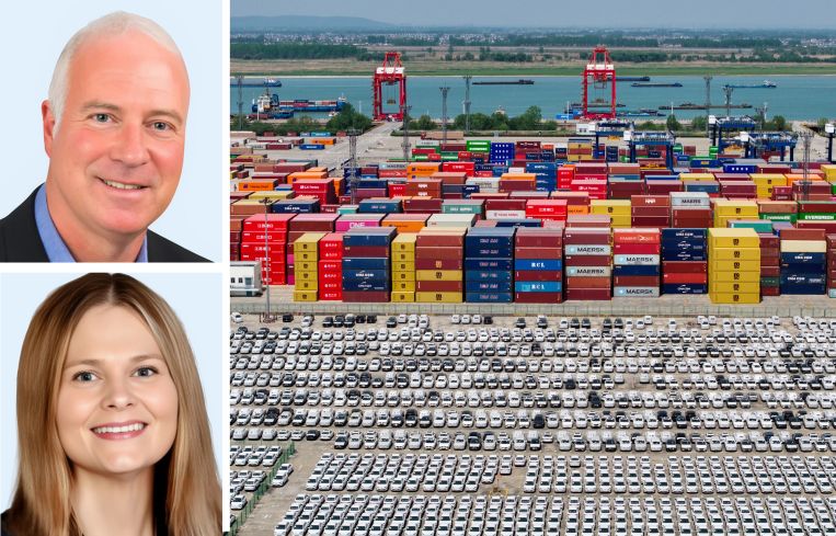SitusAMC's Peter Muoio (top) and Jen Rasmussen (bottom), and cars waiting for export in Nanjing, China.