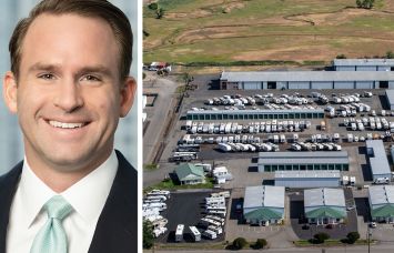 Raymond Tiernan from Barings and an aerial view of an industrial outdoor storage lot.