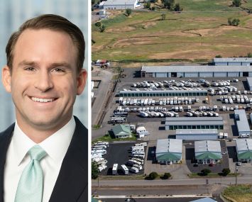 Raymond Tiernan from Barings and an aerial view of an industrial outdoor storage lot.