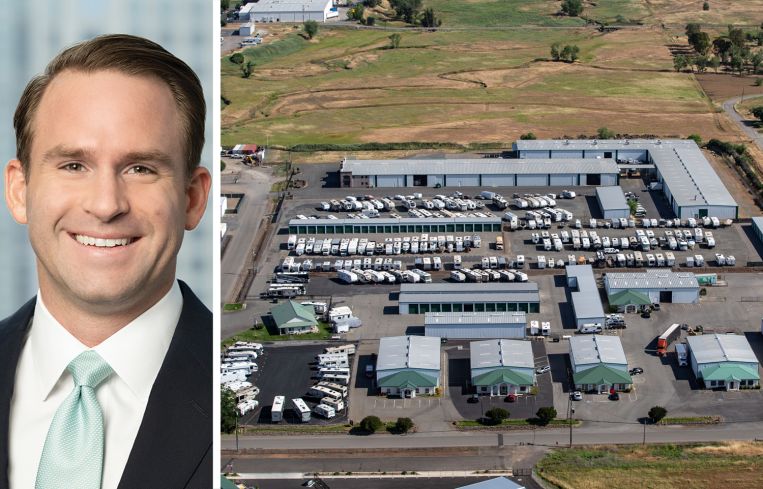 Raymond Tiernan from Barings and an aerial view of an industrial outdoor storage lot.