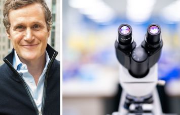 Tishman Speyer CEO Rob Speyer and a microscope in a life sciences lab.