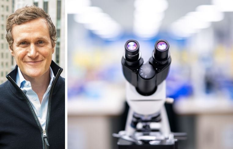 Tishman Speyer CEO Rob Speyer and a microscope in a life sciences lab.