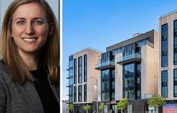 Robin Potts, chief investment officer, real estate, at Canyon Partners and a rendering of Arya Apartments in Culver City, Calif.