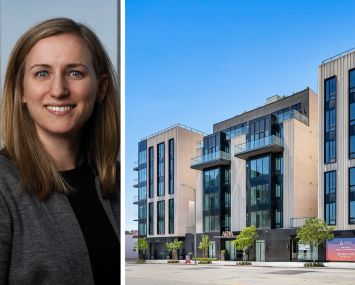 Robin Potts, chief investment officer, real estate, at Canyon Partners and a rendering of Arya Apartments in Culver City, Calif.