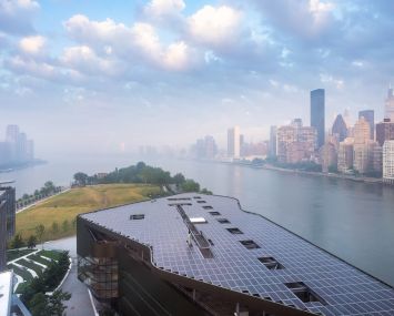 Solar panels on the Cornell Tech Campus on Roosevelt Island looking toward Manhattan.