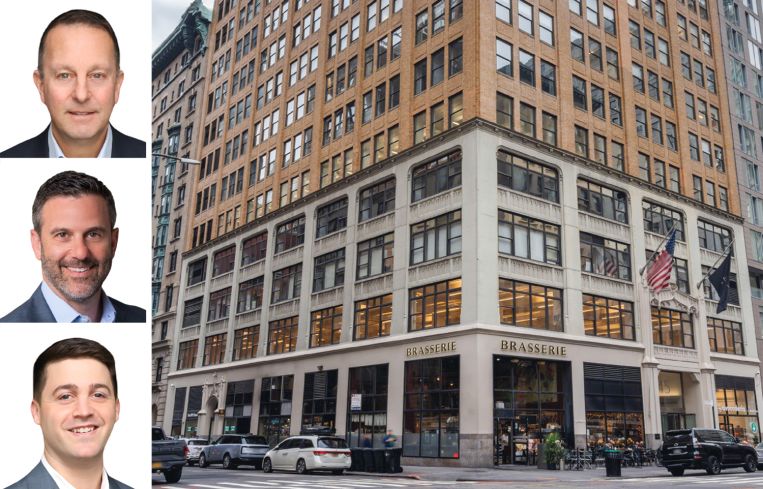 Newmark's Scott Klau (top), Erik Harris (center), and Zach Weil (bottom), and 245 Fifth Avenue.