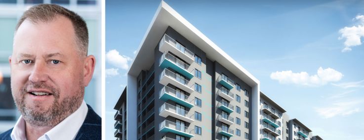 Steve Carlson, executive vice president, capital markets at Waterton, and a rendering of URBANIA Nomi in North Miami, Fla.