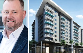 Steve Carlson, executive vice president, capital markets at Waterton, and a rendering of URBANIA Nomi in North Miami, Fla.
