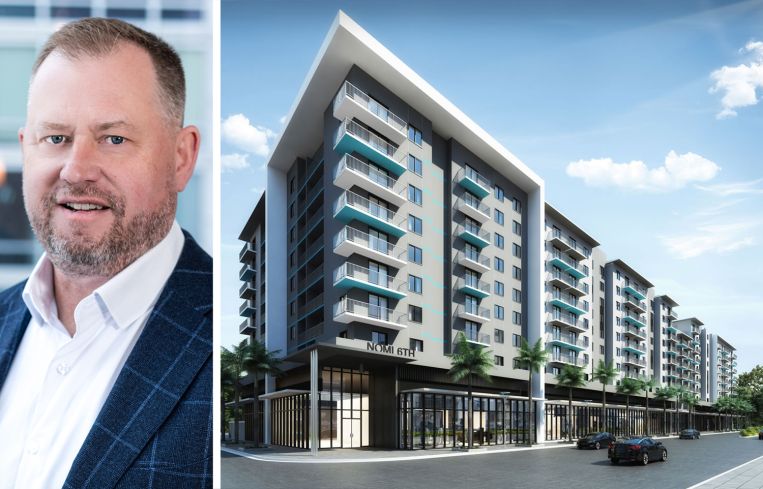 Steve Carlson, executive vice president, capital markets at Waterton, and a rendering of URBANIA Nomi in North Miami, Fla.