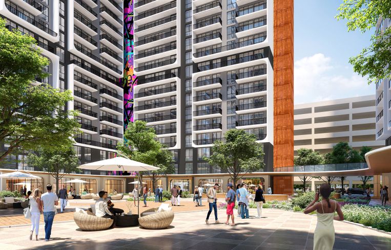 A rendering of the exterior amenity space at HueHub in the West Little River neighborhood of Miami.