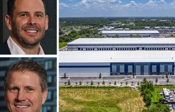 CBRE's Tom Rugg (top) and Tom Traynor (bottom), and one of the industrial properties included in AEW's portfolio.